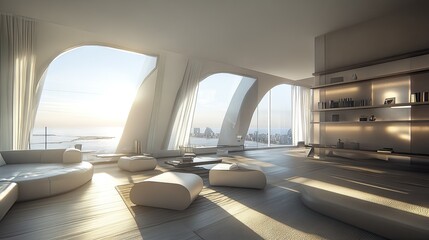 Obraz premium A stylish living space with oversized windows, geometric decor, and floating shelves.