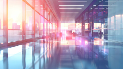 Modern corridor with reflective surfaces and vibrant lighting, evoking a futuristic atmosphere.