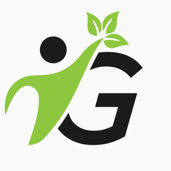 Initial Letter G Bio or Healthcare Logo Design Concept With Human And Green Leaf Symbol