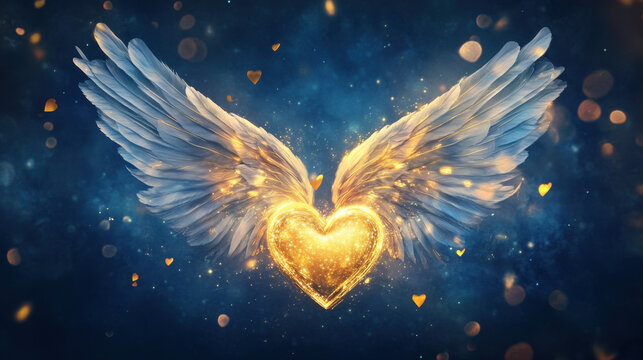 Heart shaped wings spread out, shimmering with golden light and sparkles, creating magical and ethereal atmosphere filled with love and warmth