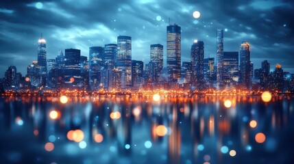 Obraz premium Night cityscape reflection, stormy sky, urban, futuristic, website banner