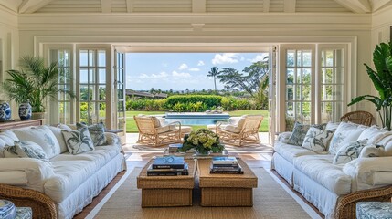Fototapeta premium A tropical-themed living room with large folding glass doors opening to the outdoors.