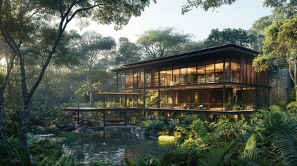 Obraz premium A tropical villa designed with open-air architecture and expansive glass walls.