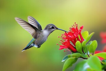 Fototapeta premium Hummingbird feeding on vibrant red flower.