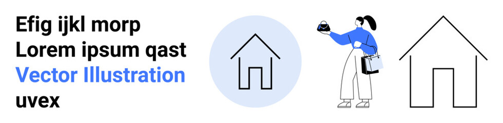 Woman holding a house model with shopping bags, minimalist home icon. Ideal for real estate, property investment, home decor, online shopping, housing market, architecture, flat landing page banner