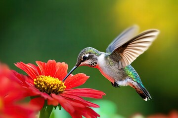 Fototapeta premium Hummingbird feeding on vibrant red flower.