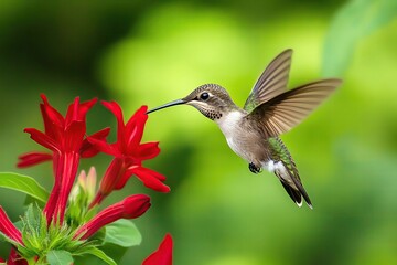 Fototapeta premium Hummingbird feeding on vibrant red flower.
