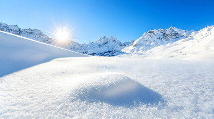 Sunlit snowy mountain valley winter landscape