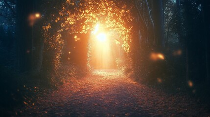 Fototapeta premium Sunlight filtering through the trees in a mystical forest with magical lights