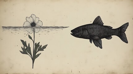 Fototapeta premium Aquatic Flower And Fish Separated By Water