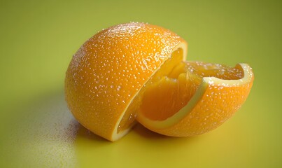 Juicy orange segments, halved, on green background, ideal for food blogs or recipes