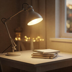 Obraz premium A cozy and inviting scene of a desk lamp casting a warm glow on a stack of notebooks