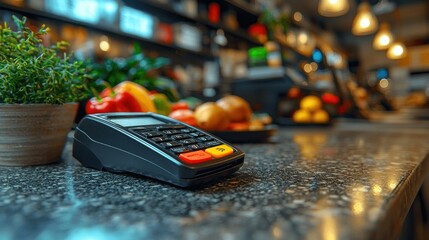 Card reader on counter, fresh produce in background, cafe setting, ready for payment