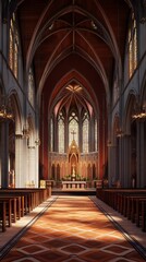 Fototapeta premium Grand church interior, sunlit aisle