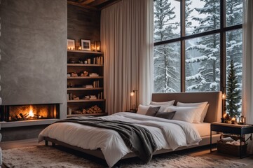 Bedroom with Fireplace Overlooking Snowy Winter Scene 