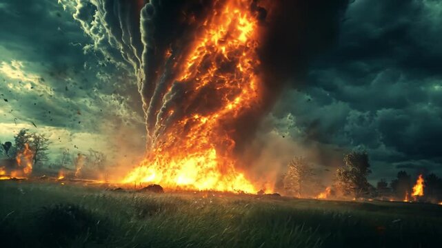 Fiery Tornado Apocalypse: A digital depiction of a catastrophic fiery twister destroying the landscape.