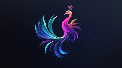 Naklejka premium Colorful peacock design, dark background, sparkles, logo design