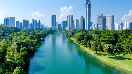 Fototapeta premium City skyline reflected in park river; urban green space