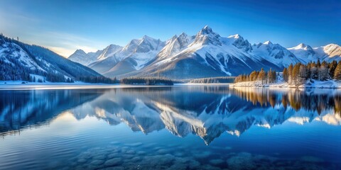 Fototapeta premium Serene frozen lake surface reflecting snow-capped mountains , winter, serene