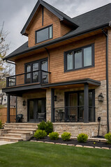 Fototapeta premium Modern Luxury House Exterior: Contemporary Home Design with Stone and Wood Facade