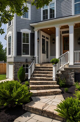 Elegant Stone Steps Leading to a Charming Gray House Exterior. This stunning home features a welcoming porch and beautiful landscaping, creating curb appeal and a cozy ambiance.