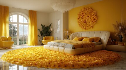 Luxurious bedroom with yellow floral decor, large bed, and window view.