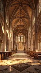 Sunlit Gothic cathedral interior