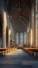 Fototapeta premium Sunlit church aisle, serene and calm.