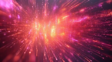 Naklejka premium Abstract pink & orange light streaks, cosmic tunnel, glowing particles, background, futuristic design