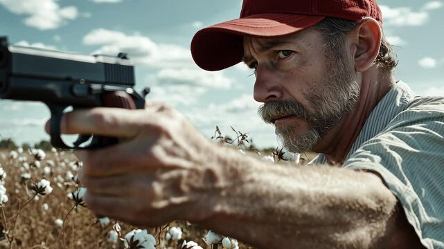 A middle-aged man in a red baseball cap aims a handgun with intense focus in the middle of a cotton field under a blue sky.
