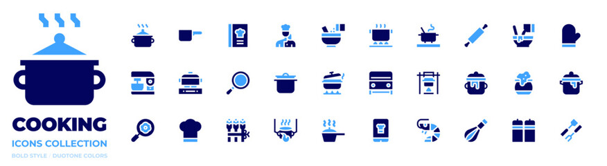 Cooking icon collection. Bold style. Duotone colors. cooking, cook, non stick, pot, recipe book, cooking pot, grill, mixed, rolling pin, cauldron, mixer blender