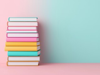 Colorful stack of books against a pastel background for reading.