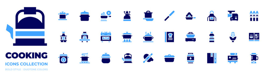 Cooking icon collection. Bold style. Duotone colors. no cooking, gas stove, barbecue, cooking, grill, cooking pot, camping gas, pot, pallete knife, cook book, frying pan