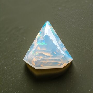 Pentagon Milky White Opalite gemstone closeup on plain dark olive background