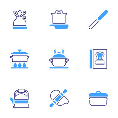 Cooking icon set. Bold line style. Duotone colors. Editable stroke. cooking, rolling pin, kettle, camping gas, cooking pot, pot, pallete knife, cook book