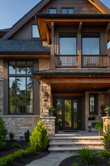 Luxury Stone and Wood House Exterior: Modern Home Design, Real Estate