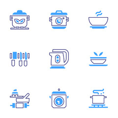 Cooking icon set. Bold line style. Duotone colors. Editable stroke. electric kettle, soup, knife, cooking, pot, frying pan, cooking time