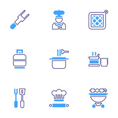 Cooking icon set. Bold line style. Duotone colors. Editable stroke. gas cylinder, fork, cook, pasta, cooking, tools, cooking pot, bbq