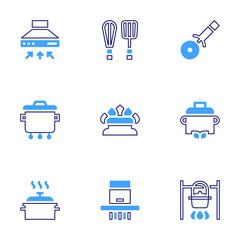 Cooking icon set. Bold line style. Duotone colors. Editable stroke. kitchen hood, cooking pot, cook, cooking tools, natural gas, smoke extraction, pizza cutter, pot