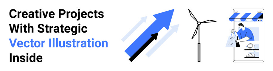 Blue arrows pointing upward, a wind turbine, and an online storefront visualize innovation, sustainability, and digital commerce. Ideal for growth, strategy, ecommerce, technology sustainability