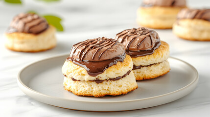 Chocolate-topped scones on plate, marble background, dessert