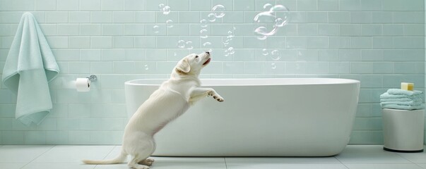 Cute dog curiously watching soap bubbles in a modern bathroom.