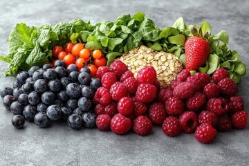 Vibrant Red Raspberries Blueberries and Green Mint on Gray Background