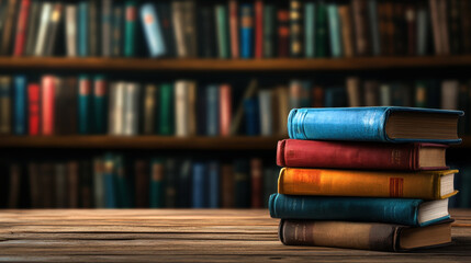 Fototapeta premium A beautifully arranged stack of vintage books on a wooden table, set against a blurred library backdrop, inviting readers to explore timeless stories and beloved classics.