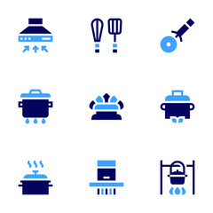 Cooking icon set. Bold style. Duotone colors. kitchen hood, cooking pot, cook, cooking tools, natural gas, smoke extraction, pizza cutter, pot