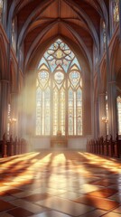 Sunlit cathedral interior, peaceful scene