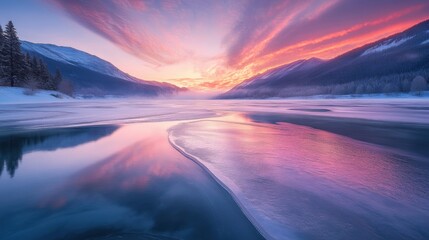 Beautiful majestic landscape with frozen icy lake surface