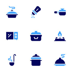 Cooking icon set. Bold style. Duotone colors. salver, cooking pot, microwave, salt, ladle, boiling, stove