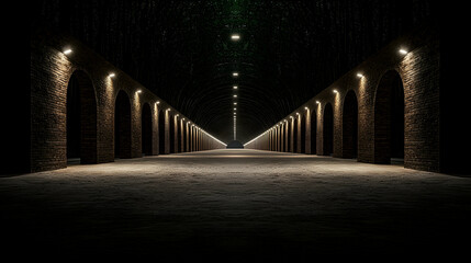 Fototapeta premium Illuminated stone archway tunnel, night, symmetry, background darkness, architectural design