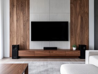 Modern living room featuring a sleek TV and stylish decor.